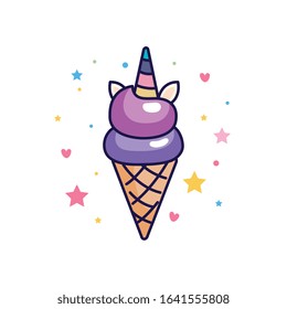 cute unicorn ice cream with hearts and stars decoration vector illustration design