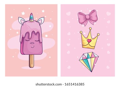 cute unicorn ice cream kawaii with cute set icons vector illustration design