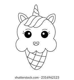 Cute Unicorn Ice Cream. Little Unicorn In A Waffle Cone Cartoon. Vector illustration.