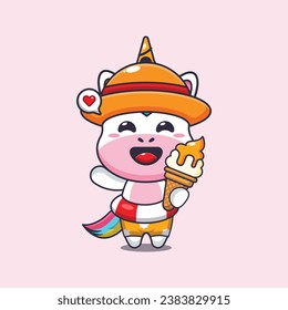 Cute unicorn with ice cream on beach cartoon illustration. Cute summer cartoon illustration. 