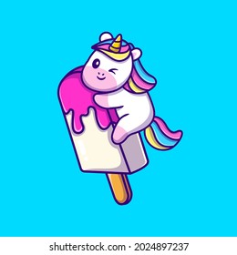 Cute Unicorn With Ice Cream Popsicle Cone Cartoon Vector Icon Illustration. Animal Drink Icon Concept Isolated Premium Vector. Flat Cartoon Style