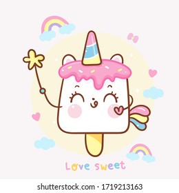 Mágica de dibujos animados infantiles en ponis de helado Cute Unicorn (animal de cuento de hadas): Serie Kawaii de comida de verano, bebés en las paredes de los párvulos, personaje de caballo, garrapatas, dibujados a mano. Perfecto para saludar a los niños.