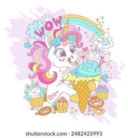 Cute unicorn with an ice cream. Wow lettering. Vector illustration in trendy pastel colors. Cartoon character. Birthday concept. Postcards and stickers design. For print, t shirt and clothes design