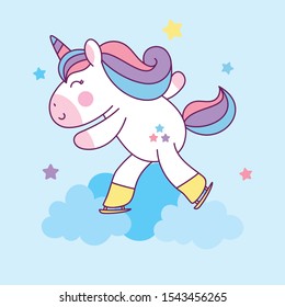 Cute Unicorn Ice Skating. Sport Character. Vector Illustration