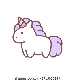 
Lindo icono de unicornio. Pequeño unicornio pastel con una melena púrpura y un cuerno de arco iris. Pegatina Kawaii. Vector 10 EPS.
