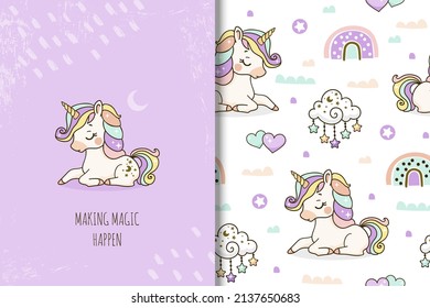 Cute unicorn illustration card   seamless pattern