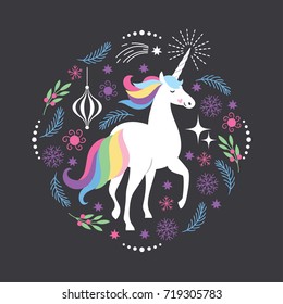 Cute Unicorn,  illustration for Christmas card