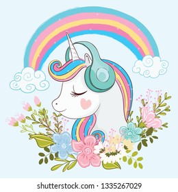 Cute unicorn illustration with flowers.