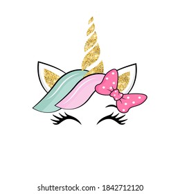 Cute unicorn illustration with glitter ears, bow and long eyelashes