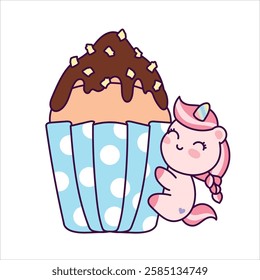 Cute Unicorn Illustration For Kids. Cartoon Pony Birthday With Sweets