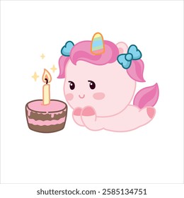 Cute Unicorn Illustration For Kids. Cartoon Pony Birthday With Sweets