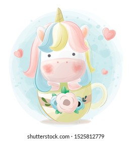 Cute unicorn illustration playing in a cup, this design can be printed on cloth, paper, etc. And can also be used for digital media such as backgrounds, digital wallpapers, etc.