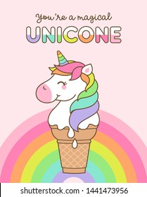 Cute unicorn illustration with rainbow background for greeting card design.