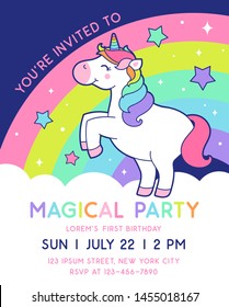 Cute unicorn illustration with rainbow background for birthday party invitation card template.
