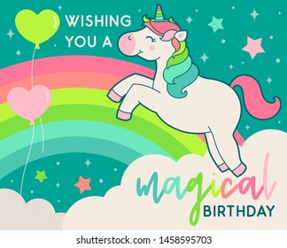 Cute unicorn illustration with rainbow background for birthday greeting card.
