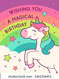 Cute unicorn illustration with rainbow background for birthday greeting card.