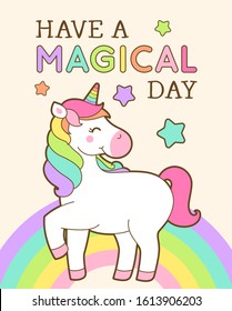 Cute unicorn illustration with rainbow background for birthday greeting card.