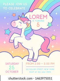 Cute Unicorn Illustration With Rainbow And Cloud Background For Party Invitation Card Template.