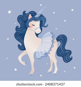 Cute unicorn illustration with stars, vector drawing for kids artworks, prints, wallpaper, t shirts.