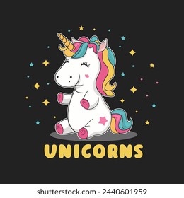 Cute unicorn illustration for t shirt design.