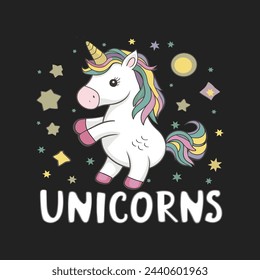 Cute unicorn illustration for t shirt design.