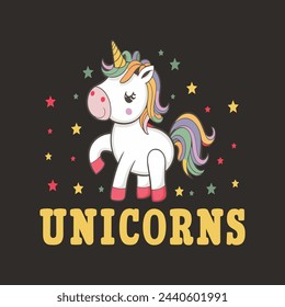 Cute unicorn illustration for t shirt design.