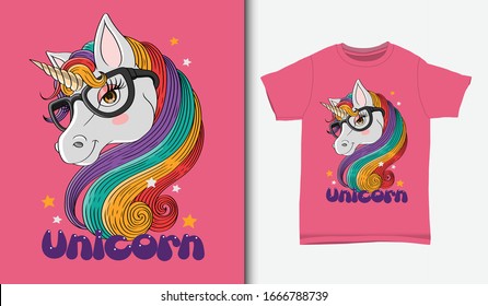 Cute unicorn illustration with t-shirt design, Hand drawn