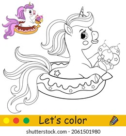 Cute unicorn in an inflatable circle in the form of a donut holds an ice cream. Coloring book page with colorful template for kids. Vector illustration. For print, game, education, party, design,decor