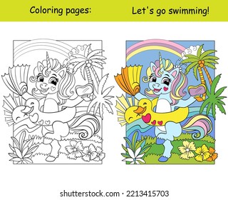 Cute unicorn in an inflatable circle. Kids coloring book page with color template. Vector cartoon illustration isolated on white background. For coloring, education, print, game, decor, puzzle, design