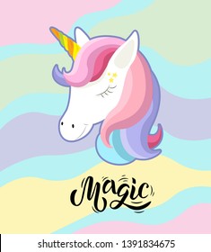 Cute unicorn and inscription magic. Good for logo, sticker, badge, print, baby unicorn birthday, invitation, greeting card, t-shirt design. Lettering typography. Vector.