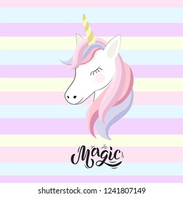 Cute unicorn and inscription magic on textured background. Good for logo, sticker, badge, print, baby birthday, invitation, greeting card, t-shirt design. Lettering typography. Vector.