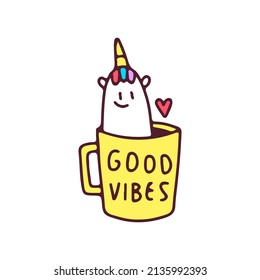 Cute unicorn inside a cup of coffee, illustration for t-shirt, street wear, sticker, or apparel merchandise. With retro, and cartoon style.