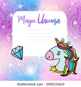 Cute unicorn invitation card notes print design with shining gem. Vector illustration with magic unicorn color palette background