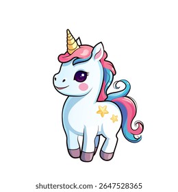 Cute Unicorn  isolated colorful vector illustration in soft gradient on white background. Detailed  magical children's print, poster, elememt for design of clothing, textiles, rooms.