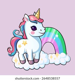 Cute Unicorn isolated colorful vector illustration in soft gradient with rainbow and clouds. Detailed magical children's print, poster, elememt for design of clothing, textiles, rooms.