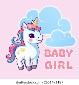 Cute Unicorn isolated colorful vector illustration in soft gradient with clouds and text: Baby Girl. Detailed magical children's print, poster, elememt for design of clothing, textiles, rooms.