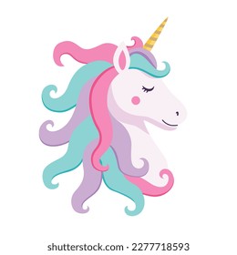 Cute unicorn isolated on white background. Head of the horse with the horn. Magic fantasy animal.Vector stock