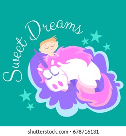 cute unicorn isolated set, magic pegasus flying with wing and horn on rainbow, fantasy horse vector illustration, myth creature dreaming on colored background, greeting card text template