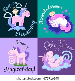 cute unicorn isolated set, magic pegasus flying with wing and horn on rainbow, fantasy horse vector illustration, myth creature dreaming on colored background, greeting card text template