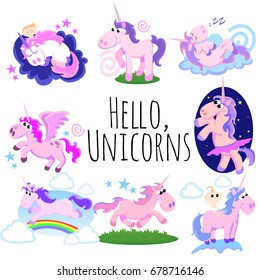 cute unicorn isolated set, magic pegasus flying with wing and horn on rainbow, fantasy horse vector illustration, myth creature dreaming on white background, greeting card template