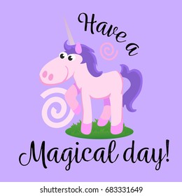 cute unicorn isolated set, magic pegasus flying with wing and horn on rainbow, fantasy horse vector illustration, myth creature dreaming on colored background, greeting card text template
