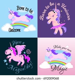 cute unicorn isolated set, magic pegasus flying with wing and horn on rainbow, fantasy horse vector illustration, myth creature dreaming on colored background, greeting card text template