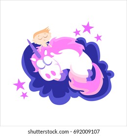 cute unicorn isolated set, magic pegasus flying with wing and horn on rainbow, fantasy horse vector illustration, myth creature dreaming on white background