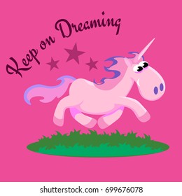 cute unicorn isolated set, magic pegasus flying with wing and horn on rainbow, fantasy horse vector illustration, myth creature dreaming on colored background, greeting card text template