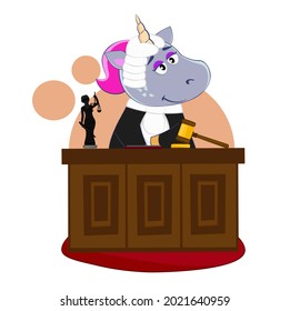 Cute unicorn judge in a wig with a hammer and a Themis figurine. Cartoon vector illustration for children