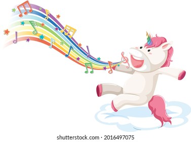 Cute unicorn jumping on the cloud with melody symbols on rainbow illustration