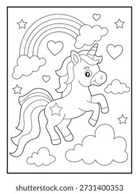 Cute Unicorn Jumping Over Clouds and Rainbow Coloring Page for Kids with Hearts and Stars.