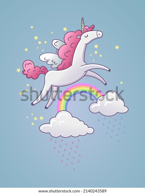 Cute Unicorn Jumps Across Sky Stock Vector (Royalty Free) 2140243589 ...