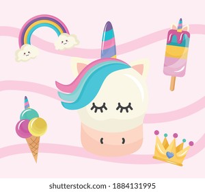 cute unicorn kawaii comic character and set icons vector illustration design