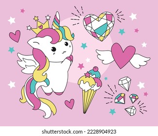 Corta Unicornio al estilo kawaii. Ilustración vectorial con un personaje para una tarjeta de saludo, camisetas impresas
